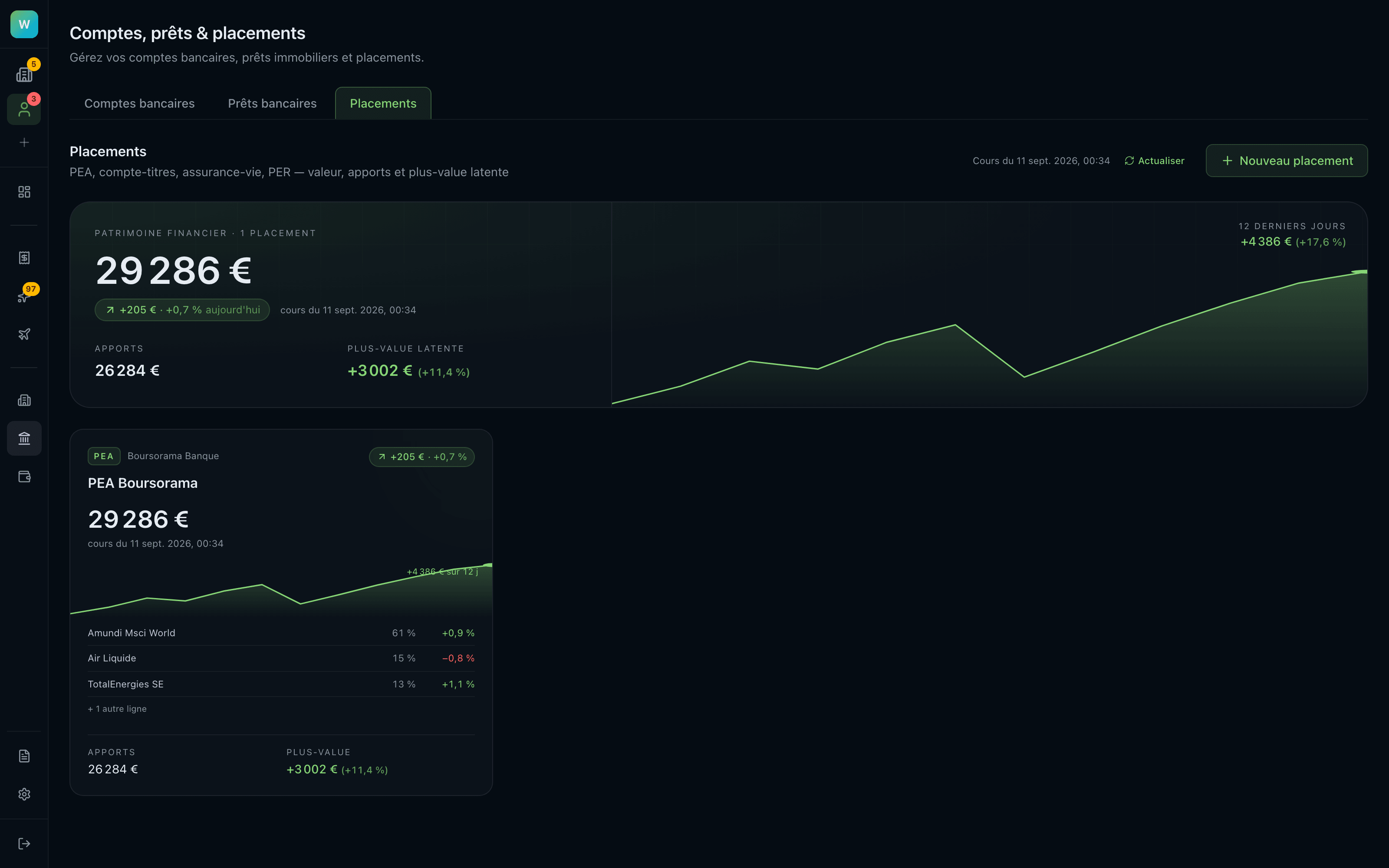 Portefeuille PEA : positions, cours et plus-values